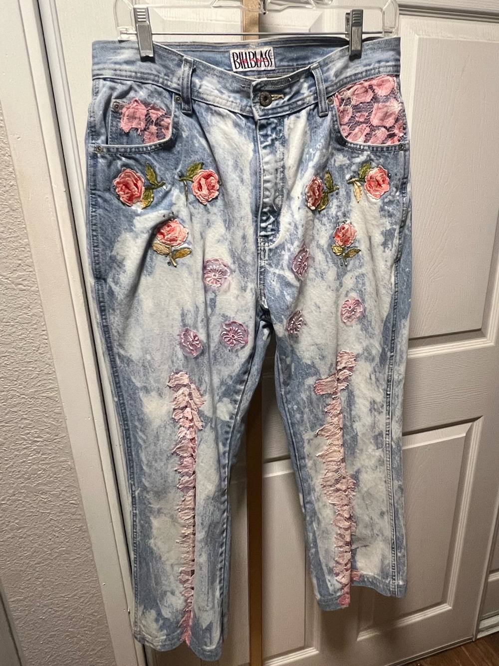 Upcycled bill blass Light Blue Jeans with Pink Floral Embroidery  ITEM #15